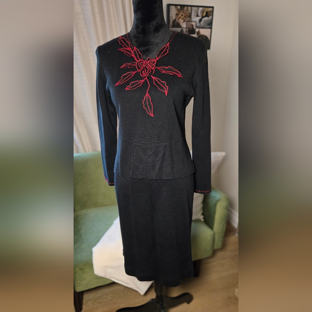 Adrianna Papell Black Sweater And Skirt Set with Red Floral Design